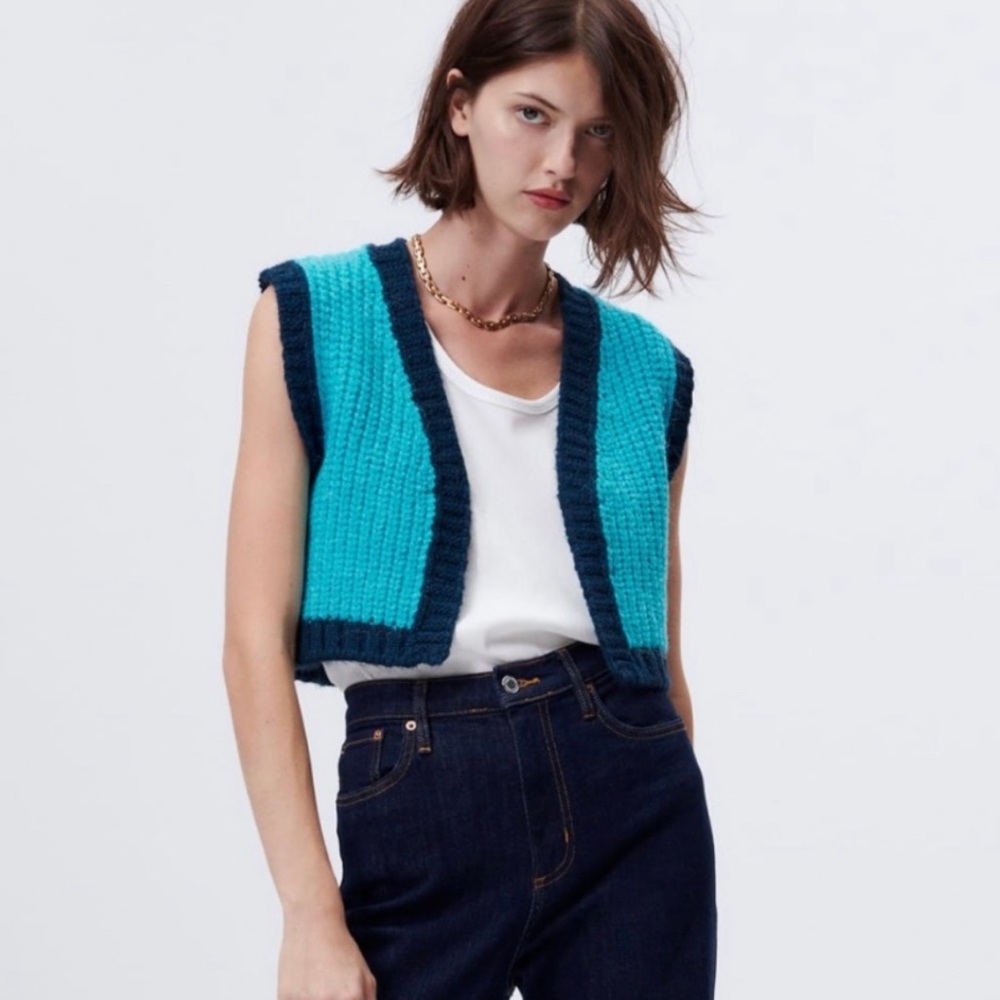 Zara Chunky Knit Sweater Vest Turquoise Blue Cropped Sleeveless Y2K Sz Small
